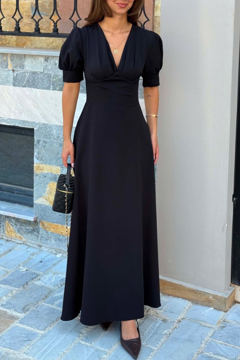ONE COLOR SHORT SLEEVE V NECK WOMEN DRESS BLACK/ E ZEZE - 3