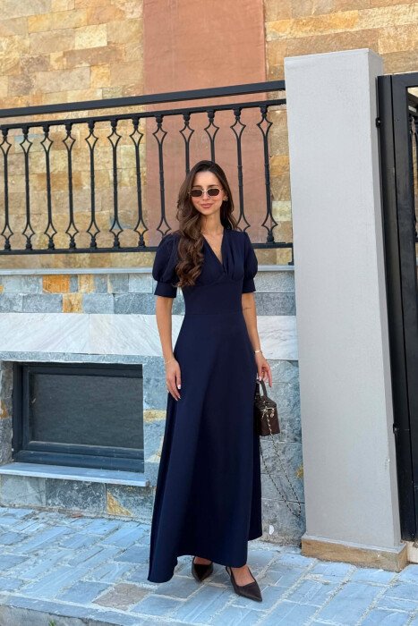 ONE COLOR SHORT SLEEVE V NECK WOMEN DRESS BLUE/BLU - 2