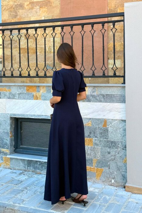 ONE COLOR SHORT SLEEVE V NECK WOMEN DRESS BLUE/BLU - 4