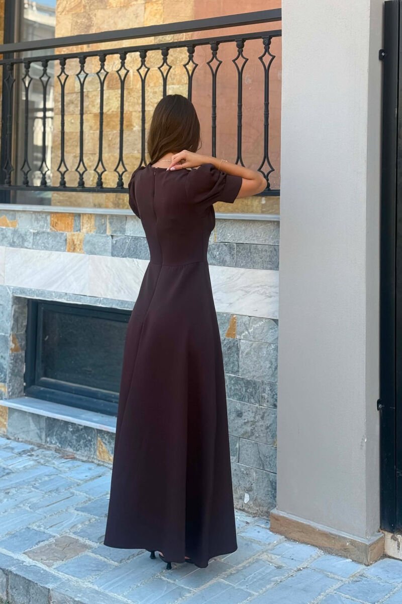 ONE COLOR SHORT SLEEVE V NECK WOMEN DRESS BROWN/KAFE - 2