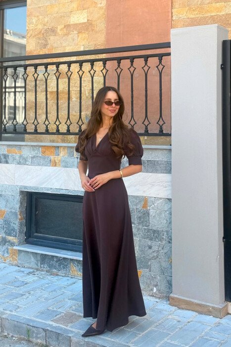ONE COLOR SHORT SLEEVE V NECK WOMEN DRESS BROWN/KAFE - 4
