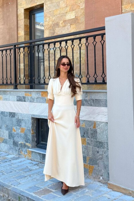 ONE COLOR SHORT SLEEVE V NECK WOMEN DRESS CREAM/KREM 