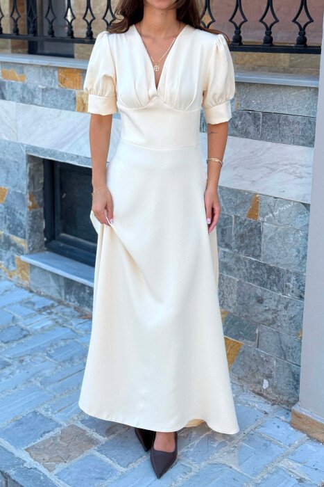 ONE COLOR SHORT SLEEVE V NECK WOMEN DRESS CREAM/KREM - 2