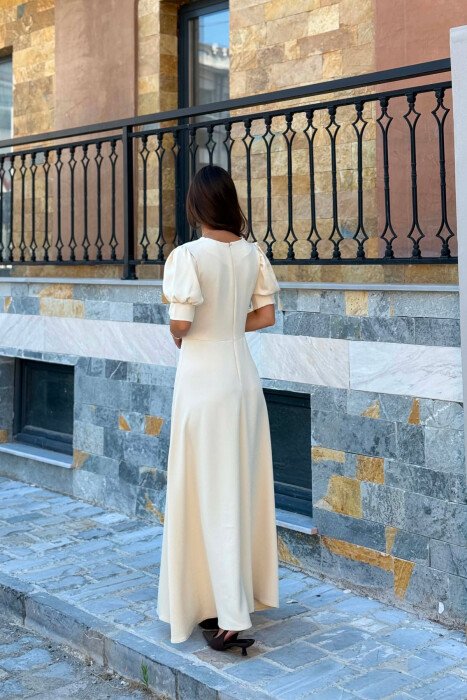 ONE COLOR SHORT SLEEVE V NECK WOMEN DRESS CREAM/KREM - 3