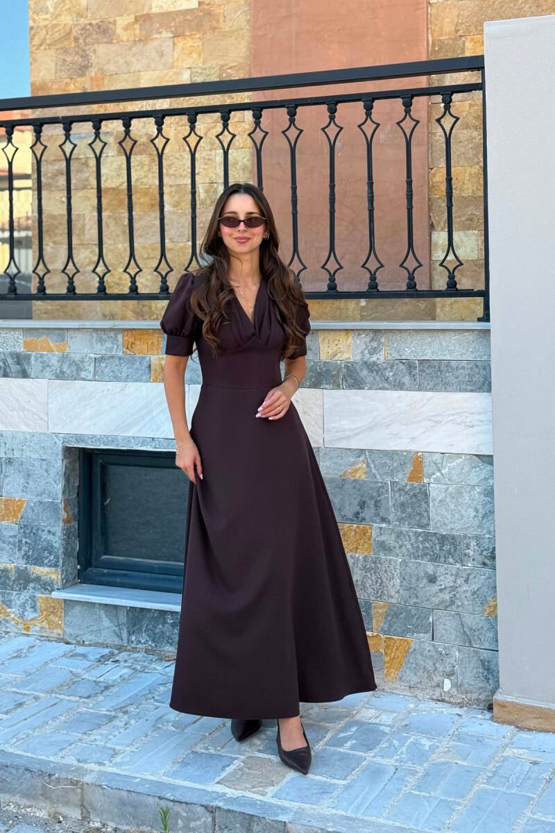 ONE COLOR SHORT SLEEVE V NECK WOMEN DRESS DARK BROWN/KAE - 2