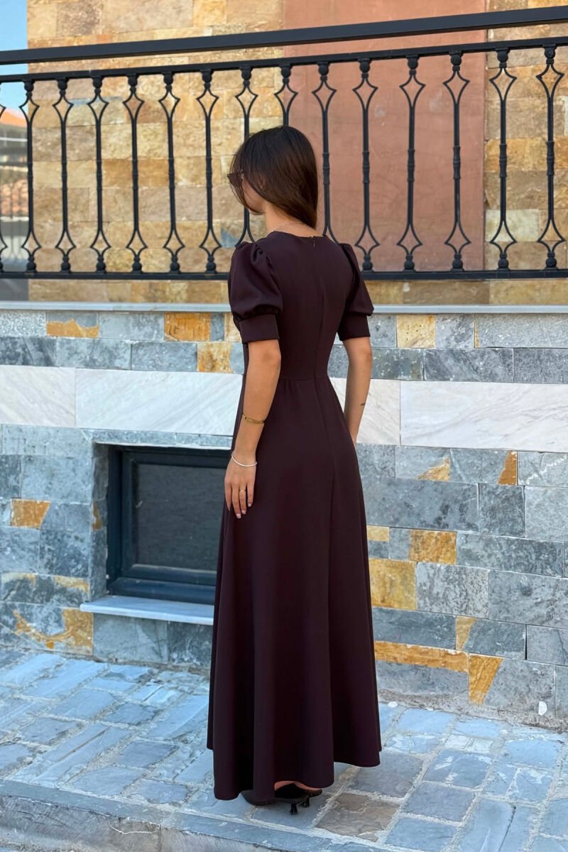 ONE COLOR SHORT SLEEVE V NECK WOMEN DRESS DARK BROWN/KAE - 4