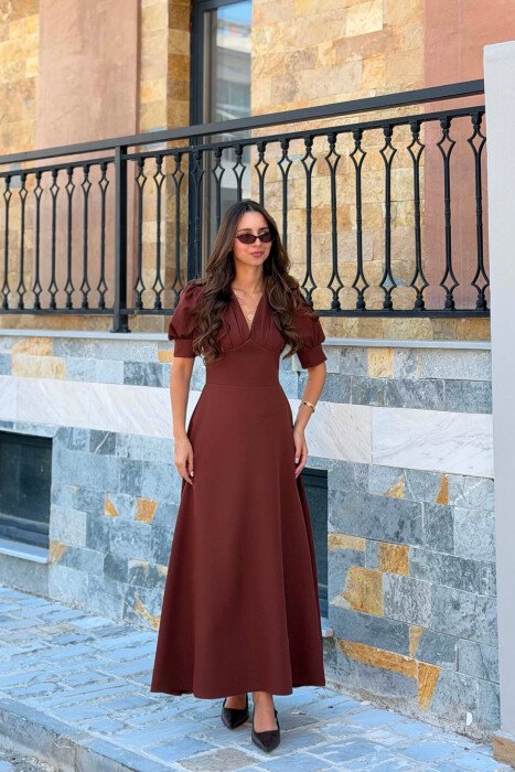 ONE COLOR SHORT SLEEVE V NECK WOMEN DRESS LIGHT BROWN/KAZB 