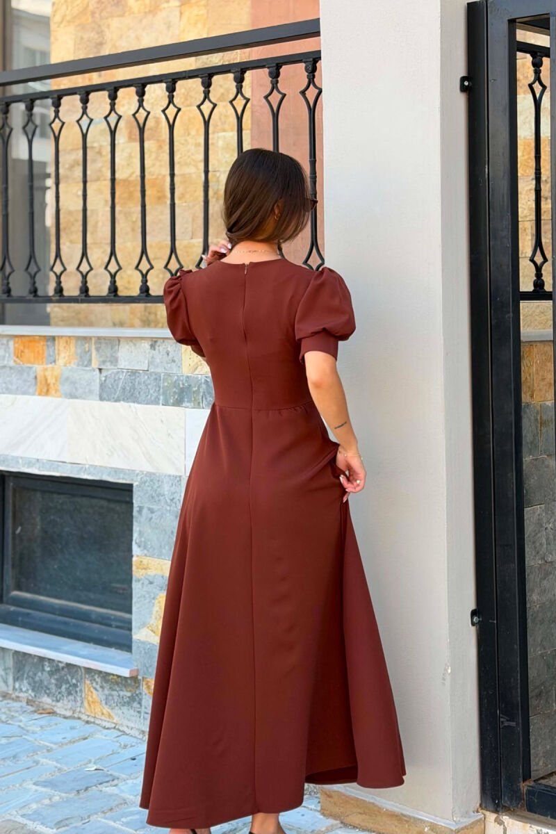 ONE COLOR SHORT SLEEVE V NECK WOMEN DRESS LIGHT BROWN/KAZB - 2