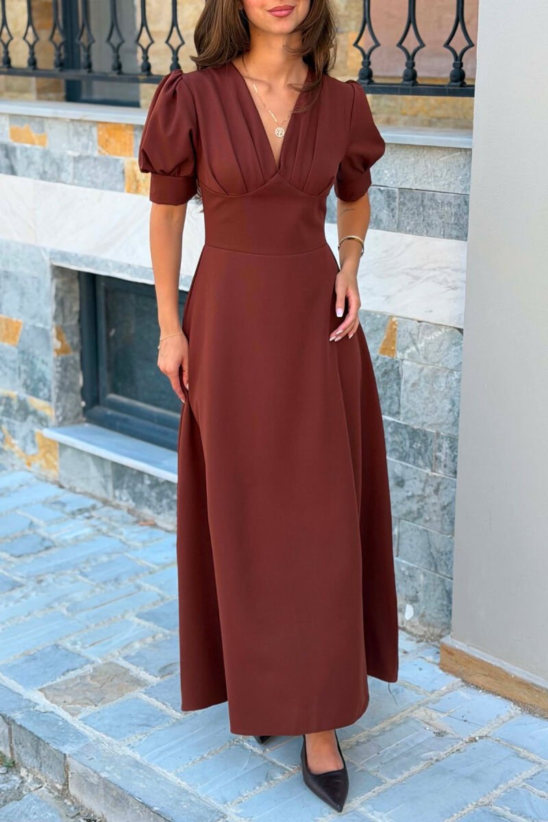 ONE COLOR SHORT SLEEVE V NECK WOMEN DRESS LIGHT BROWN/KAZB - 3