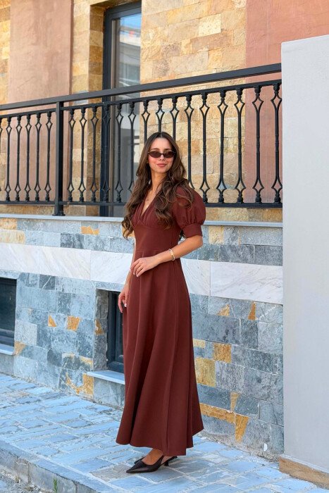 ONE COLOR SHORT SLEEVE V NECK WOMEN DRESS LIGHT BROWN/KAZB - 4