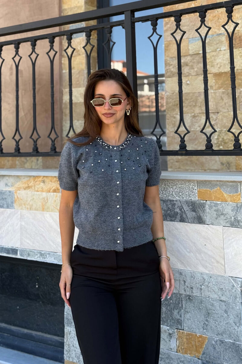 ONE COLOR SHORT SLEEVE WOMAN CARDIGAN GREY/GRI - 1