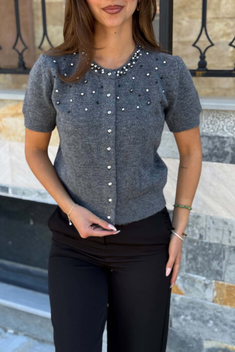 ONE COLOR SHORT SLEEVE WOMAN CARDIGAN GREY/GRI - 4
