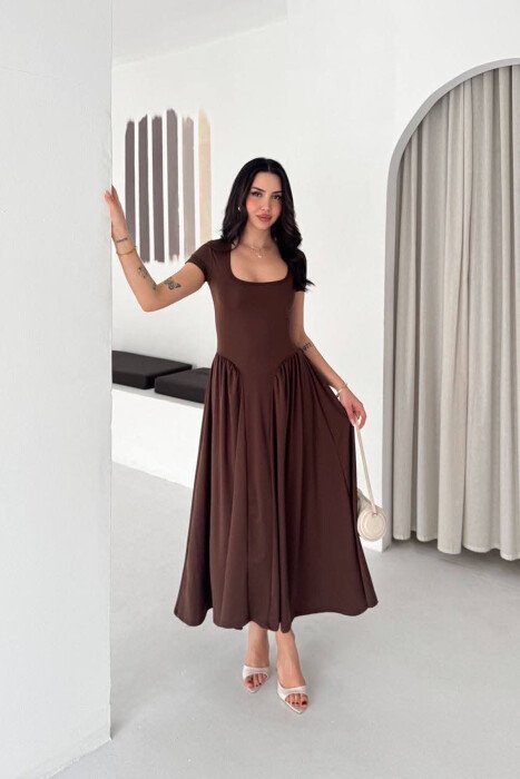 ONE COLOR SHORT SLEEVE WOMAN DRESS BROWN/KAFE - 1
