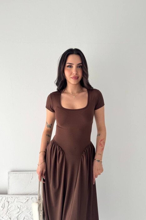 ONE COLOR SHORT SLEEVE WOMAN DRESS BROWN/KAFE - 4