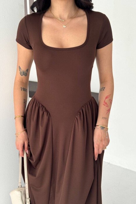 ONE COLOR SHORT SLEEVE WOMAN DRESS BROWN/KAFE - 5