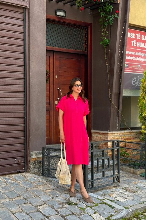 ONE COLOR SHORT SLEEVE WOMAN DRESS FUCHSIA/CIKLAMI - 2