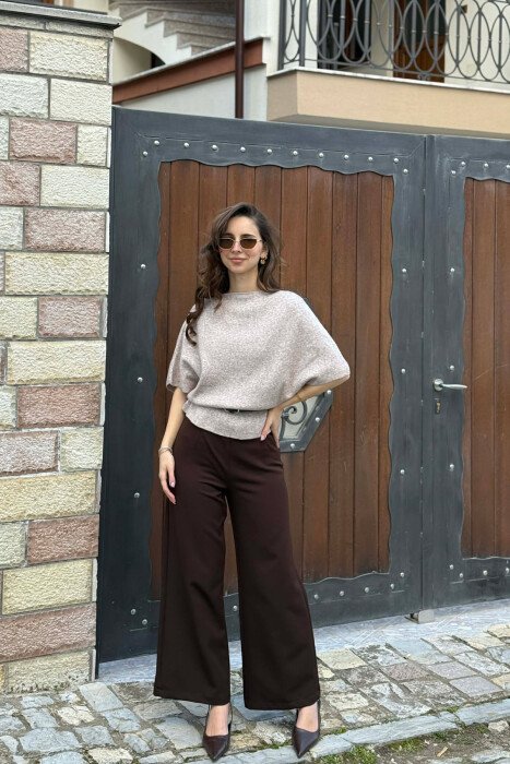 ONE COLOR SHORT SLEEVE WOMAN SWEATER BEIGE/BEZHE - 1