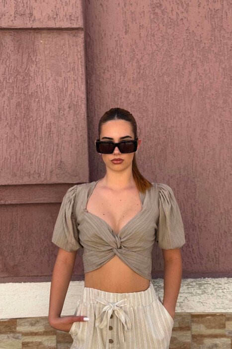 ONE COLOR SHORT SLEEVE WOMEN CROP TOP BEIGE/BEZHE - 1