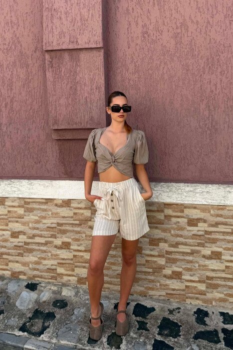 ONE COLOR SHORT SLEEVE WOMEN CROP TOP BEIGE/BEZHE - 5