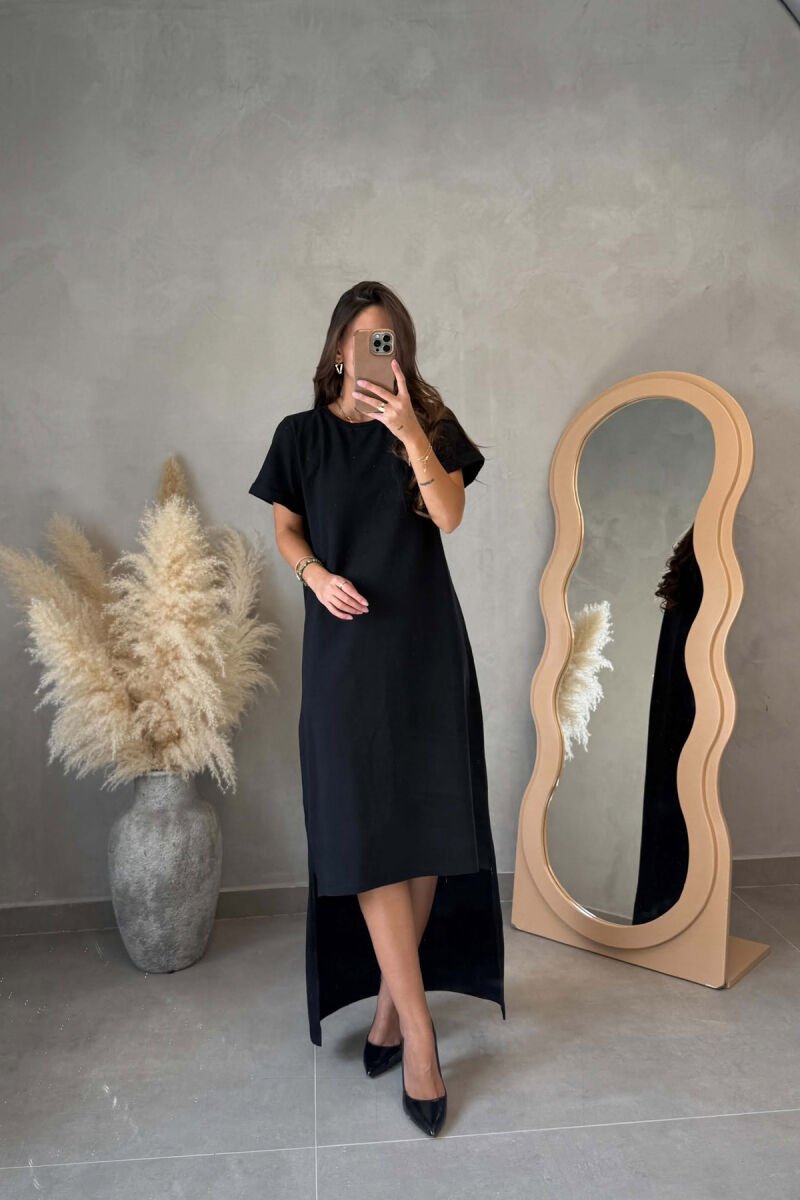 ONE COLOR SHORT SLEEVE WOMEN DRESS BLACK/ E ZEZE - 1