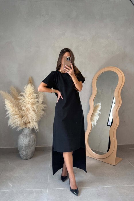 ONE COLOR SHORT SLEEVE WOMEN DRESS BLACK/ E ZEZE - 2
