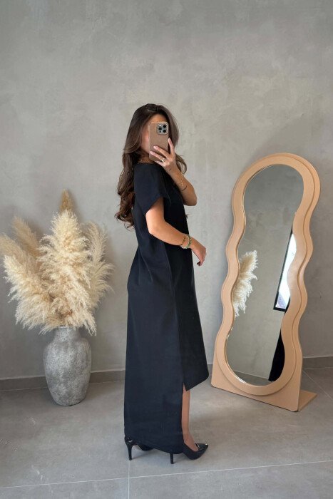 ONE COLOR SHORT SLEEVE WOMEN DRESS BLACK/ E ZEZE - 4