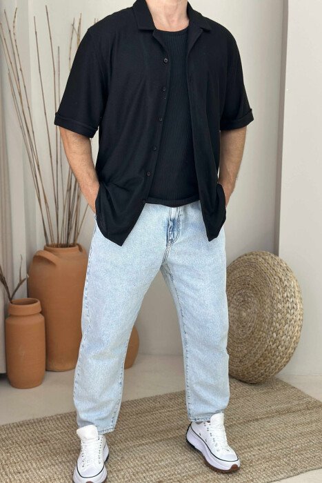 ONE COLOR SHORT SLEEVES MEN SHIRT BLACK/ E ZEZE - 