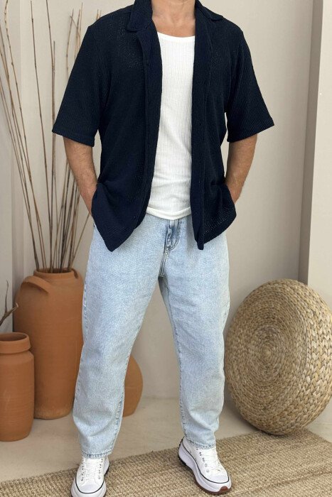 ONE COLOR SHORT SLEEVES MEN SHIRT DARK BLUE/BEE - 1