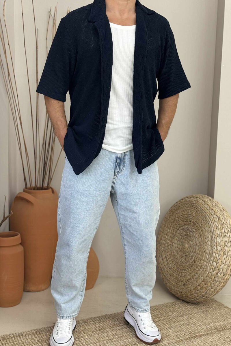 ONE COLOR SHORT SLEEVES MEN SHIRT DARK BLUE/BEE - 1