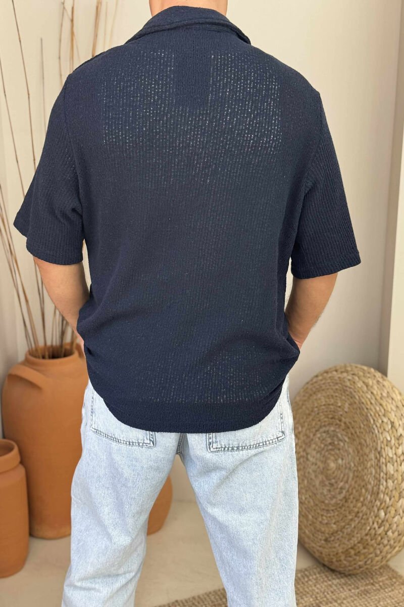 ONE COLOR SHORT SLEEVES MEN SHIRT DARK BLUE/BEE - 3