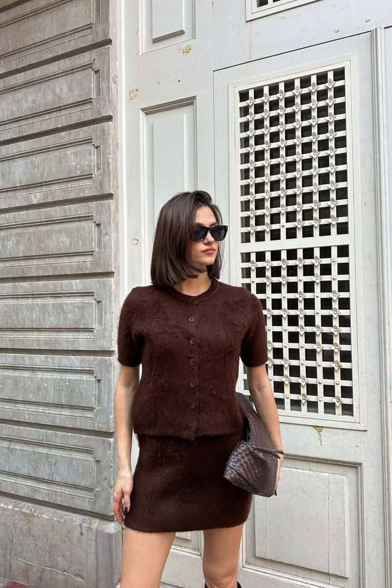 ONE COLOR SHORT SLEEVESWEATER +SKIRT WOMAN SET BROWN/KAFE - 2