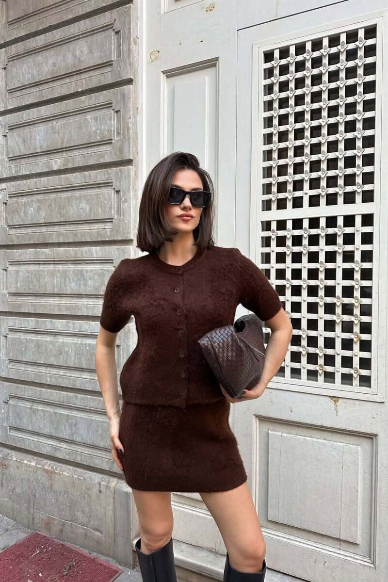 ONE COLOR SHORT SLEEVESWEATER +SKIRT WOMAN SET BROWN/KAFE - 3