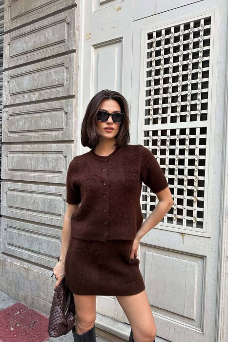 ONE COLOR SHORT SLEEVESWEATER +SKIRT WOMAN SET BROWN/KAFE - 
