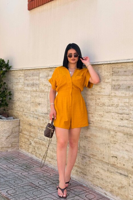 JUMPSUIT NJE NGJYRESH I SHKURTER PER FEMRA NE NGJYRE MUSTARDE - 