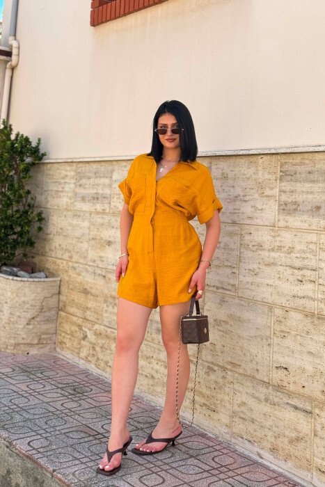 ONE COLOR SHORT WOMAN JUMPSUIT MUSTARD/MUSTARDE - 4