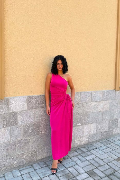 ONE COLOR SHOULDER OFF LONG WOMAN DRESS FUCHSIA/CIKLAMI - 1
