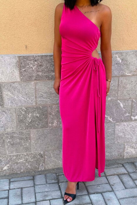 ONE COLOR SHOULDER OFF LONG WOMAN DRESS FUCHSIA/CIKLAMI - 2