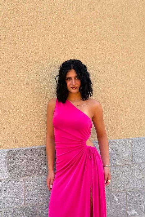 ONE COLOR SHOULDER OFF LONG WOMAN DRESS FUCHSIA/CIKLAMI - 3