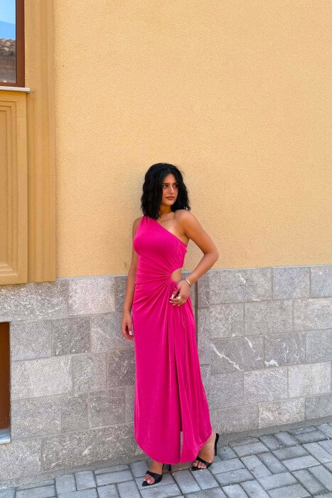 ONE COLOR SHOULDER OFF LONG WOMAN DRESS FUCHSIA/CIKLAMI - 4