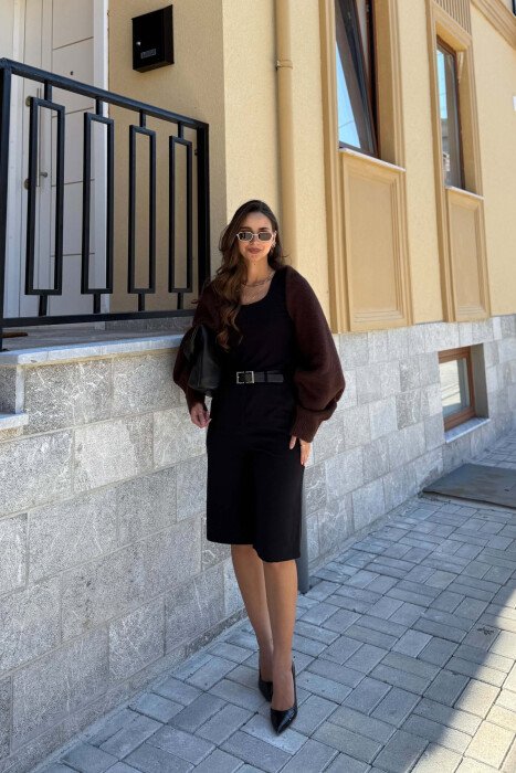 ONE COLOR LONG SLEEVE KNITTED WOMEN BOLERO BROWN/KAFE - 3