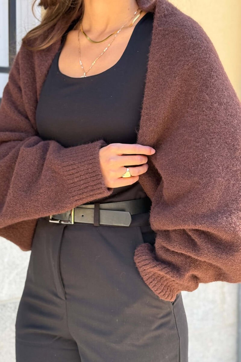 ONE COLOR LONG SLEEVE KNITTED WOMEN BOLERO BROWN/KAFE - 4