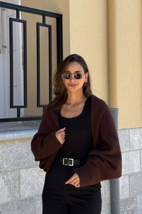 ONE COLOR LONG SLEEVE KNITTED WOMEN BOLERO BROWN/KAFE - 6