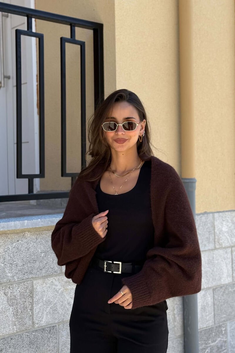 ONE COLOR LONG SLEEVE KNITTED WOMEN BOLERO BROWN/KAFE - 6