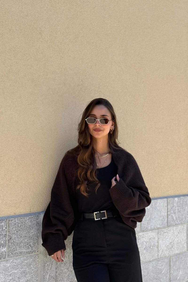 ONE COLOR LONG SLEEVE KNITTED WOMEN BOLERO DARK BROWN/KAE - 1