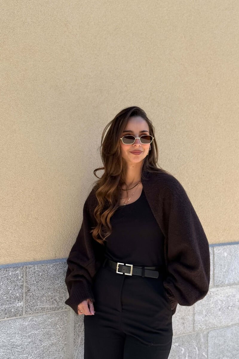 ONE COLOR LONG SLEEVE KNITTED WOMEN BOLERO DARK BROWN/KAE - 7