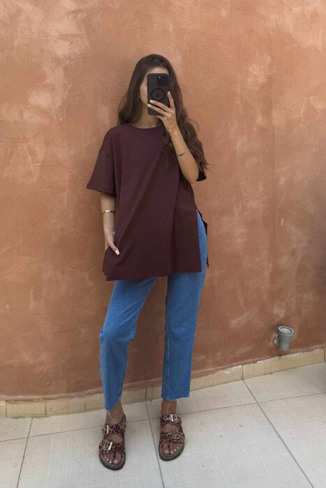 ONE COLOR SIDE CUT OFF WOMEN T-SHIRT BROWN/KAFE - KLAUDIO FASHION