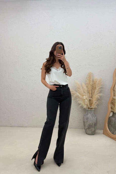 ONE COLOR SIDE CUTTED WOMAN JEANS BLACK/ E ZEZE 
