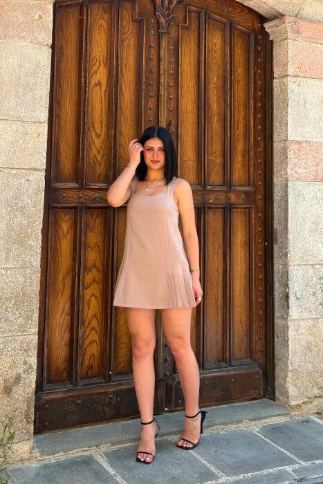 ONE COLOR SIDE PLEATED SLEEVELESS WOMAN DRESS BEIGE/BEZHE - 5
