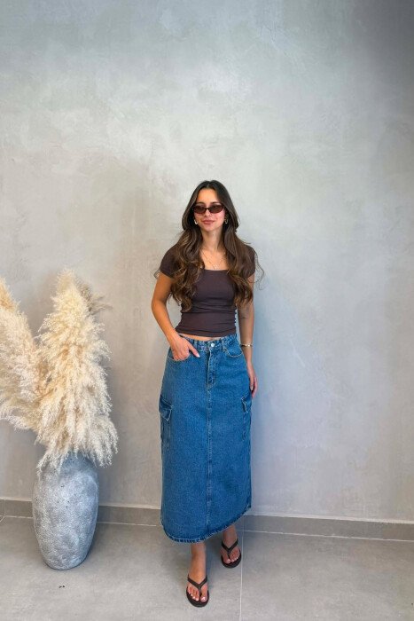 ONE COLOR SIDE POCKET LONG WOMAN SKIRT BLUE/BLU - KLAUDIO FASHION