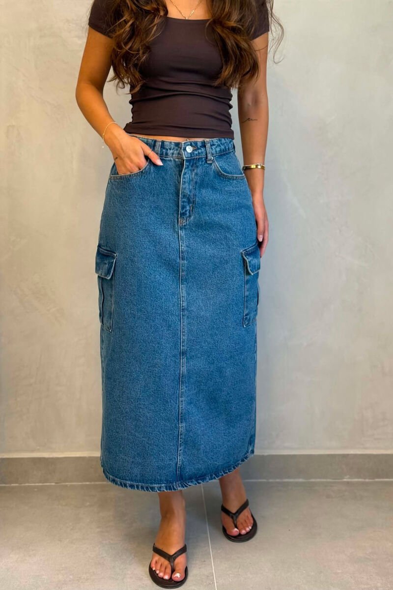 ONE COLOR SIDE POCKET LONG WOMAN SKIRT BLUE/BLU - 3
